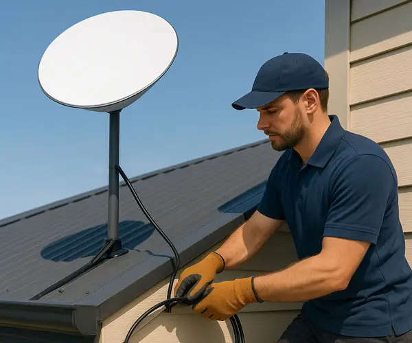Starlink dish installation on roof with cabling